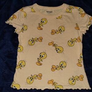 Old Navy Girls Tweety Bird Yellow Graphic Baby Doll  Tee With Ruffle Trim